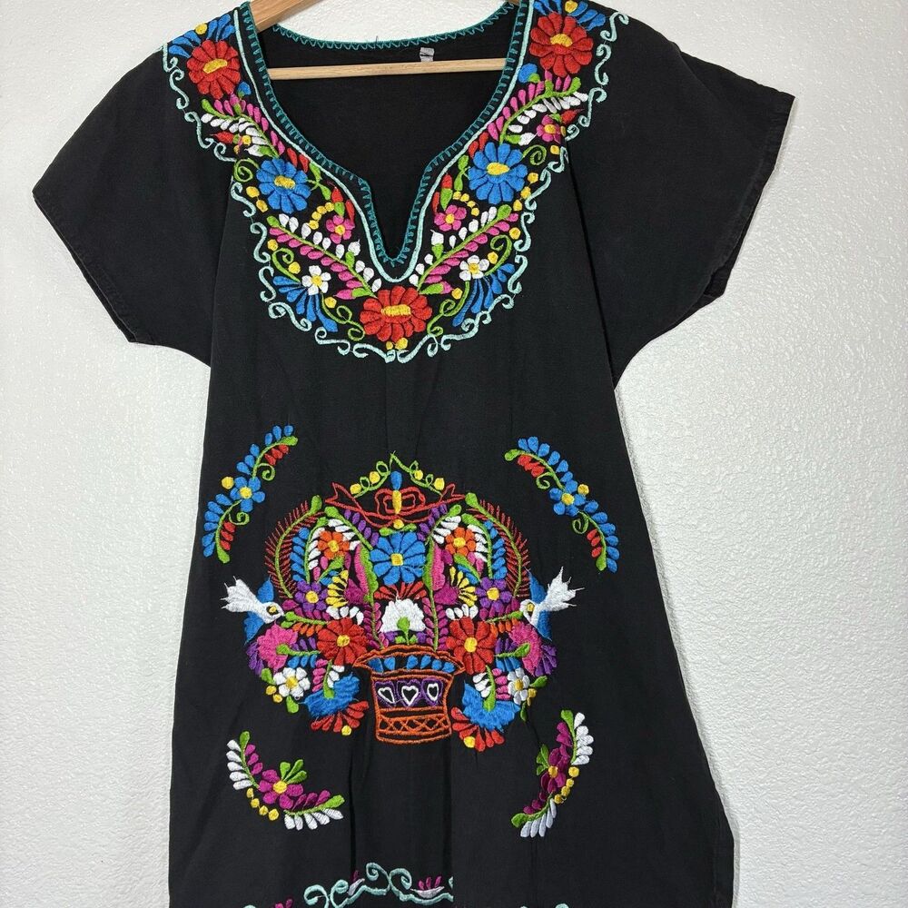 Mexican Embroidered Dress Womens M Black Floral Boho Short Cotton Tunic Peasant - Picture 2 of 9